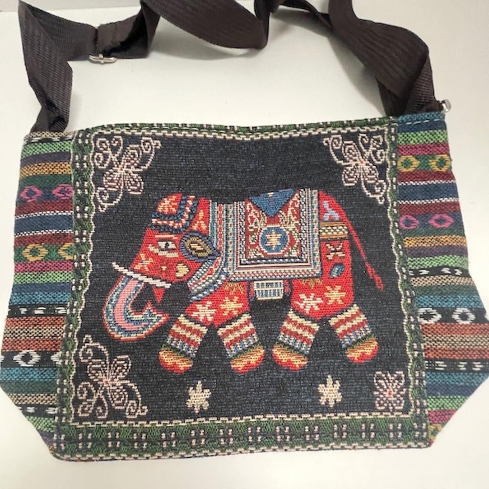 Red Elephant on‎ Blue Black Embroidered Boho Cross Body Bag Tote Small